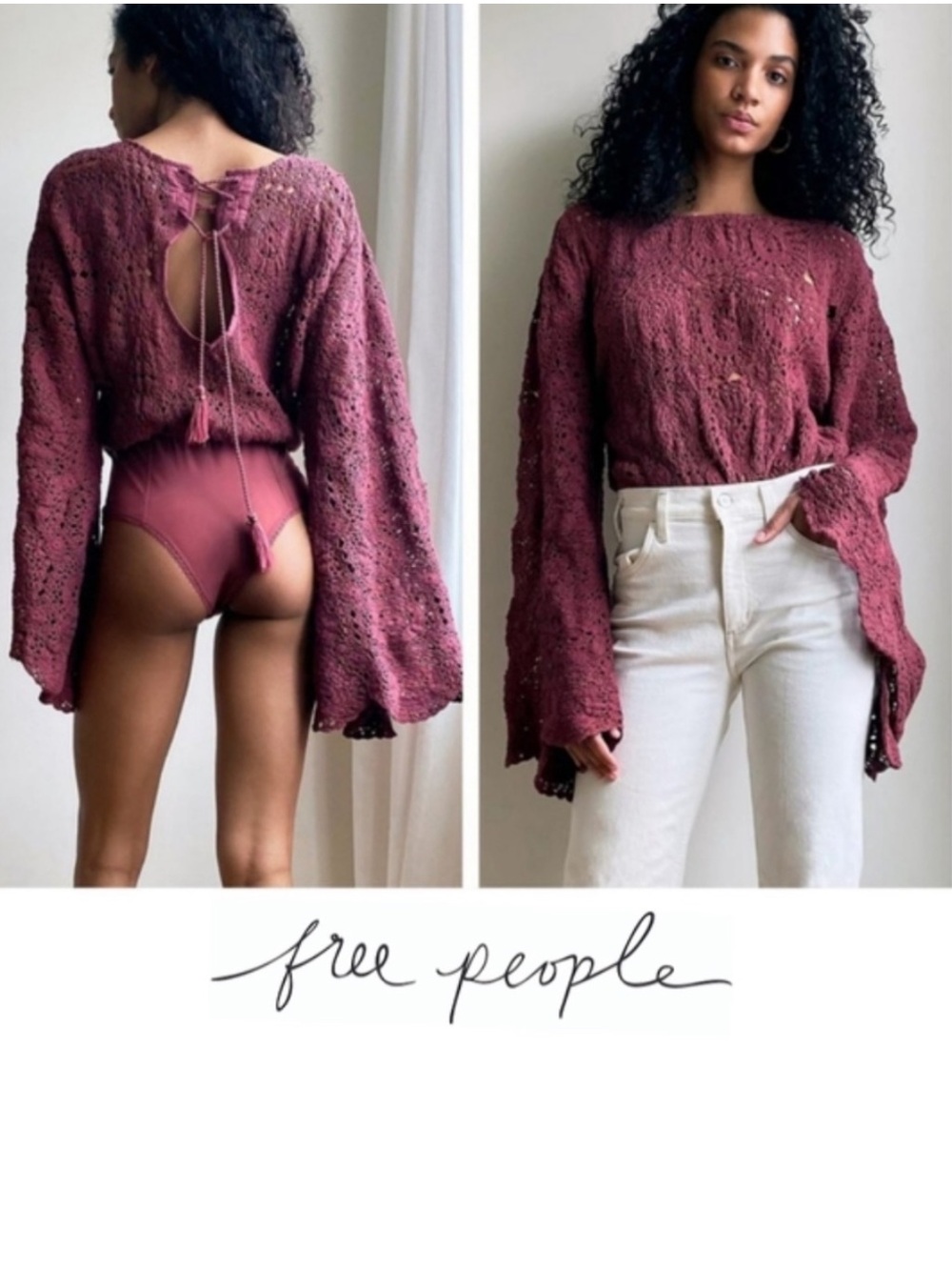 Free People Desert Daze Crochet Bodysuit Moongrape Bell Sleeve M